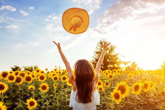 mujer joven que camina campo floreciente girasol que lanza sombrero arriba que divierte vacaciones verano 106029 370